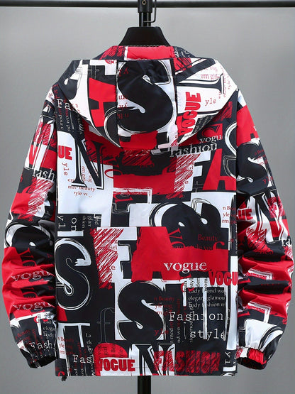 Unisex hooded jacket with all-over print, zip-up windbreaker, red, black, white