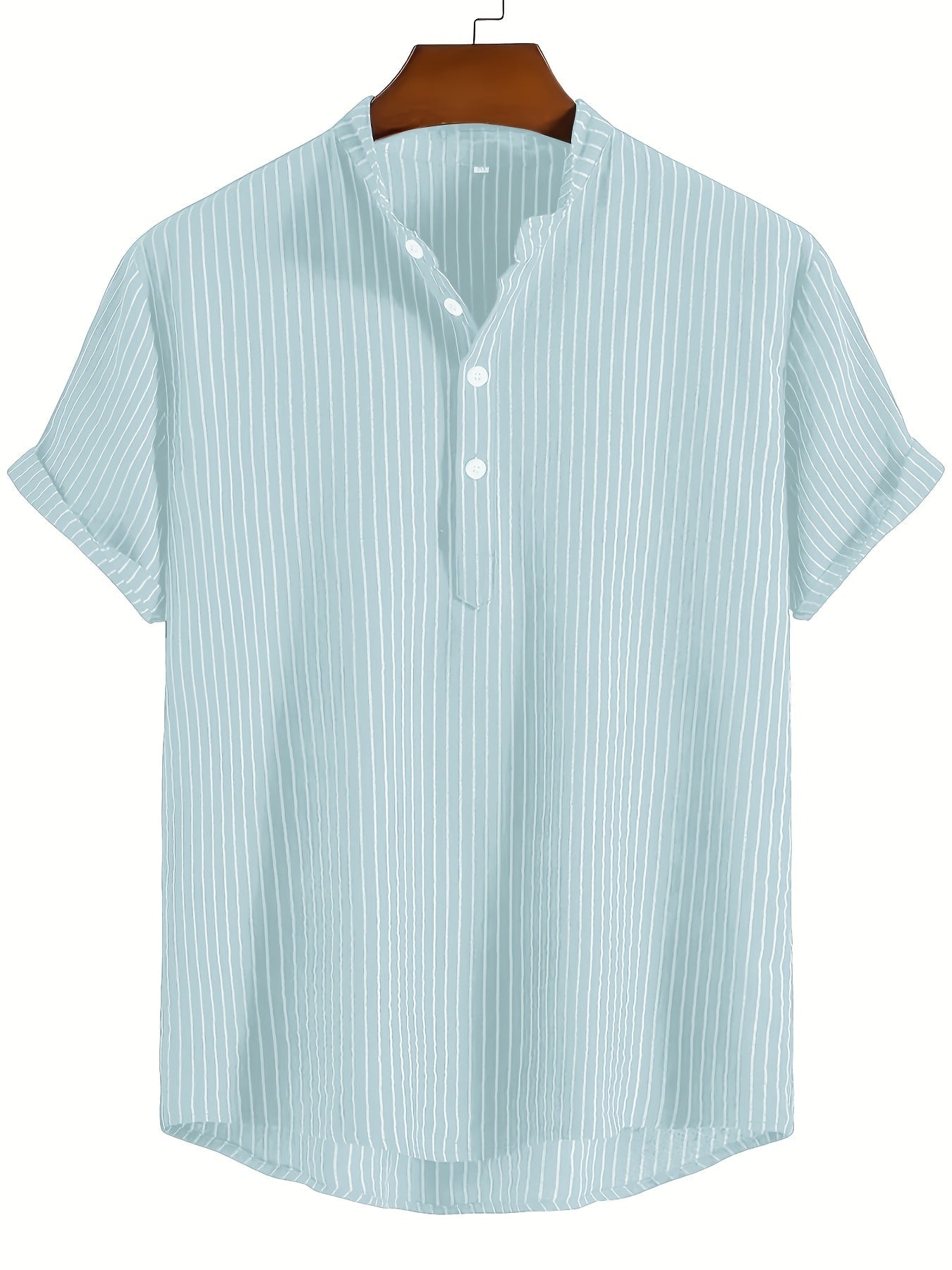 Men's Casual Short-Sleeve Shirt with Stand-Up Collar and Button Placket – Striped Regular Fit Summer Shirt