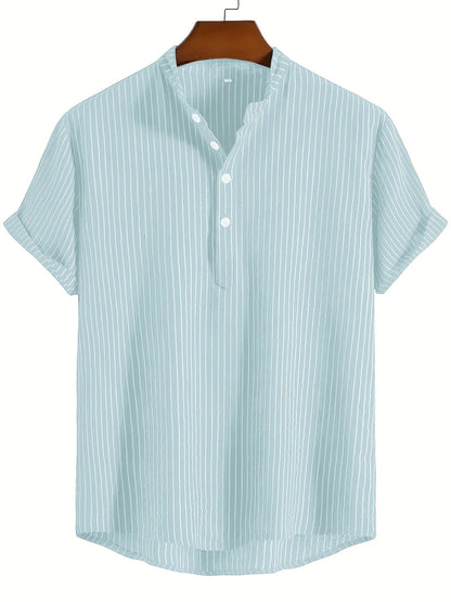 Men's Casual Short-Sleeve Shirt with Stand-Up Collar and Button Placket – Striped Regular Fit Summer Shirt