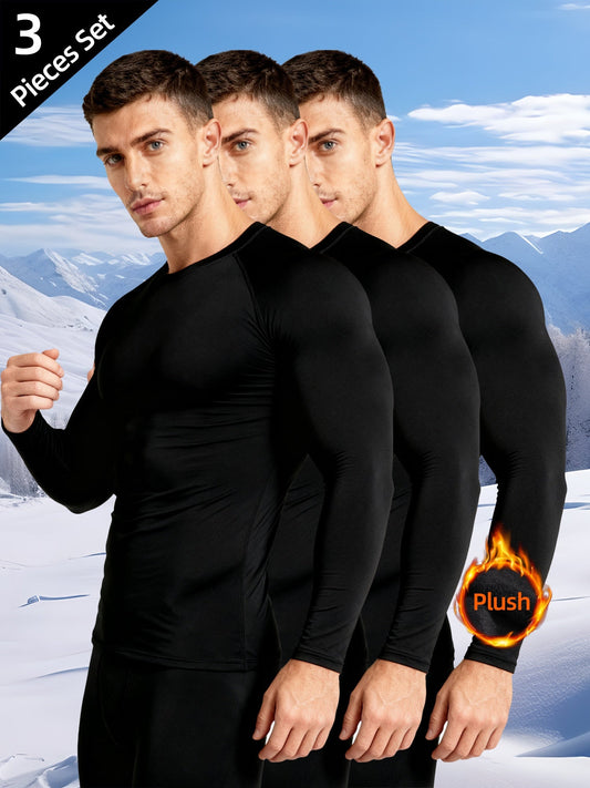 Men's Long-Sleeve Thermal Undershirt Crew Neck Black 3-Piece Set