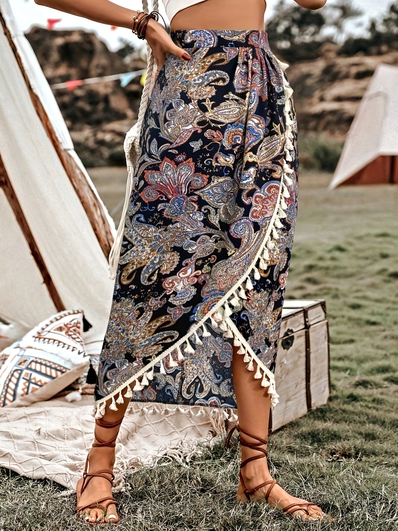 Women's Boho Wrap Midi Skirt with Paisley Pattern and Tassels – Summer Festival Style