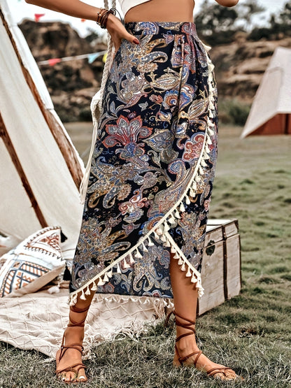 Women's Boho Wrap Midi Skirt with Paisley Pattern and Tassels – Summer Festival Style