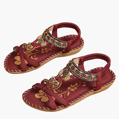 Women's Boho Sandals with Decorative Jewelry and Elastic Ankle Strap – Comfortable Summer Shoes for Casual Wear and Vacation