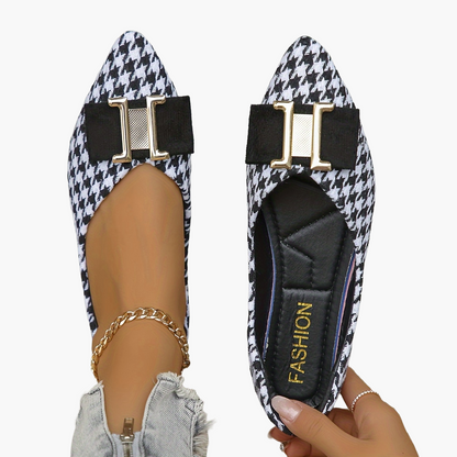 Women's Elegant Houndstooth Lace Shoes with Bow Detail – Stylish Everyday Ballet Flats for Spring & Office