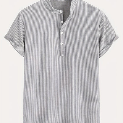 Men's Short Sleeve Henley Shirt with Stand Collar and Stripes – Modern Casual Shirt