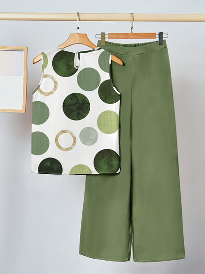 Women's Set – Sleeveless Patterned Top and Wide Pants, Fashionable Casual Look