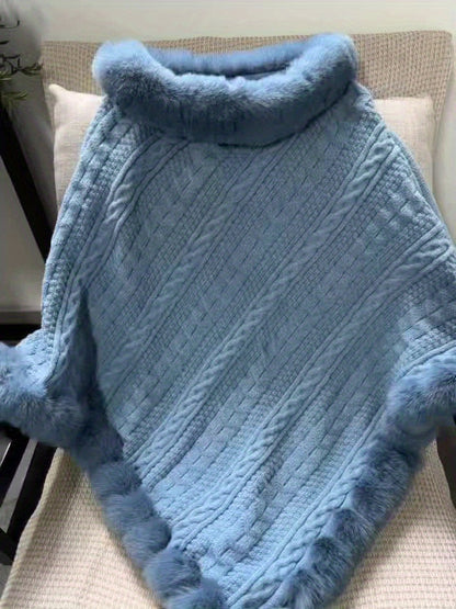 Poncho Damen Strick Zopfmuster mit Kunstpelzbesatz Marineblau