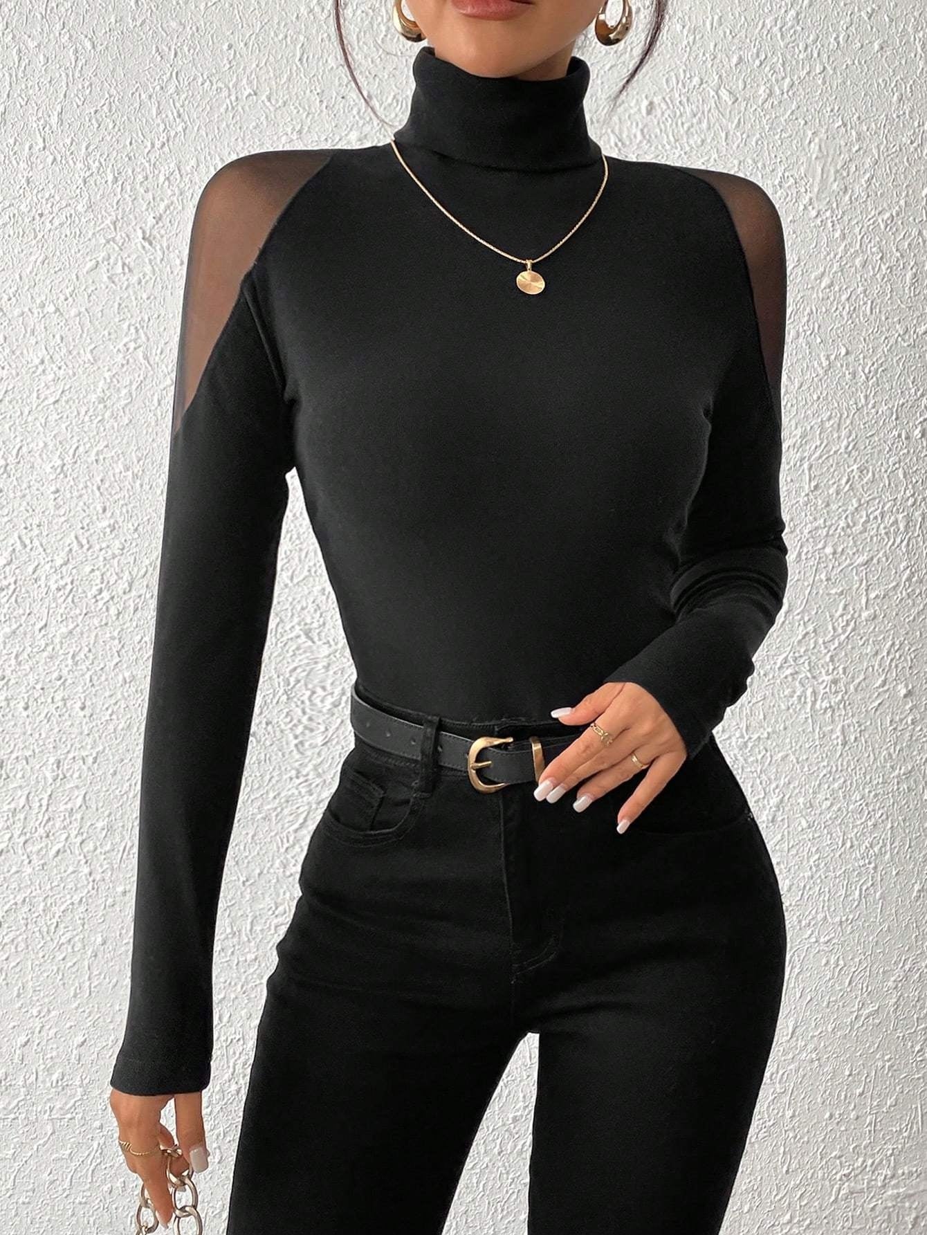 Damen Rollkragen-Oberteil mit transparenten Ärmeldetails, Schwarz