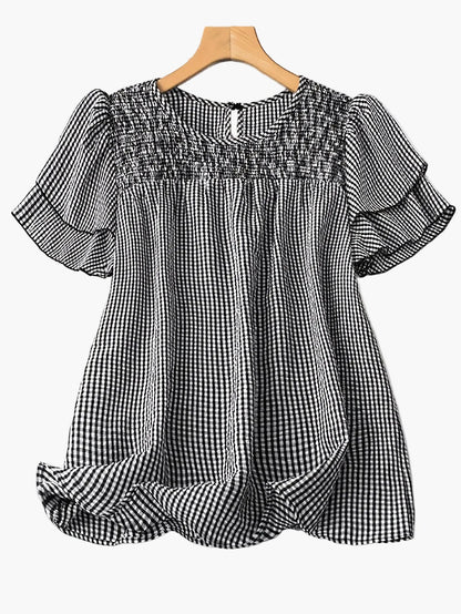 Women's Summer Casual Outfit – Checked Top with Denim Shorts and Sneakers – Perfect for Garden & Everyday Wear