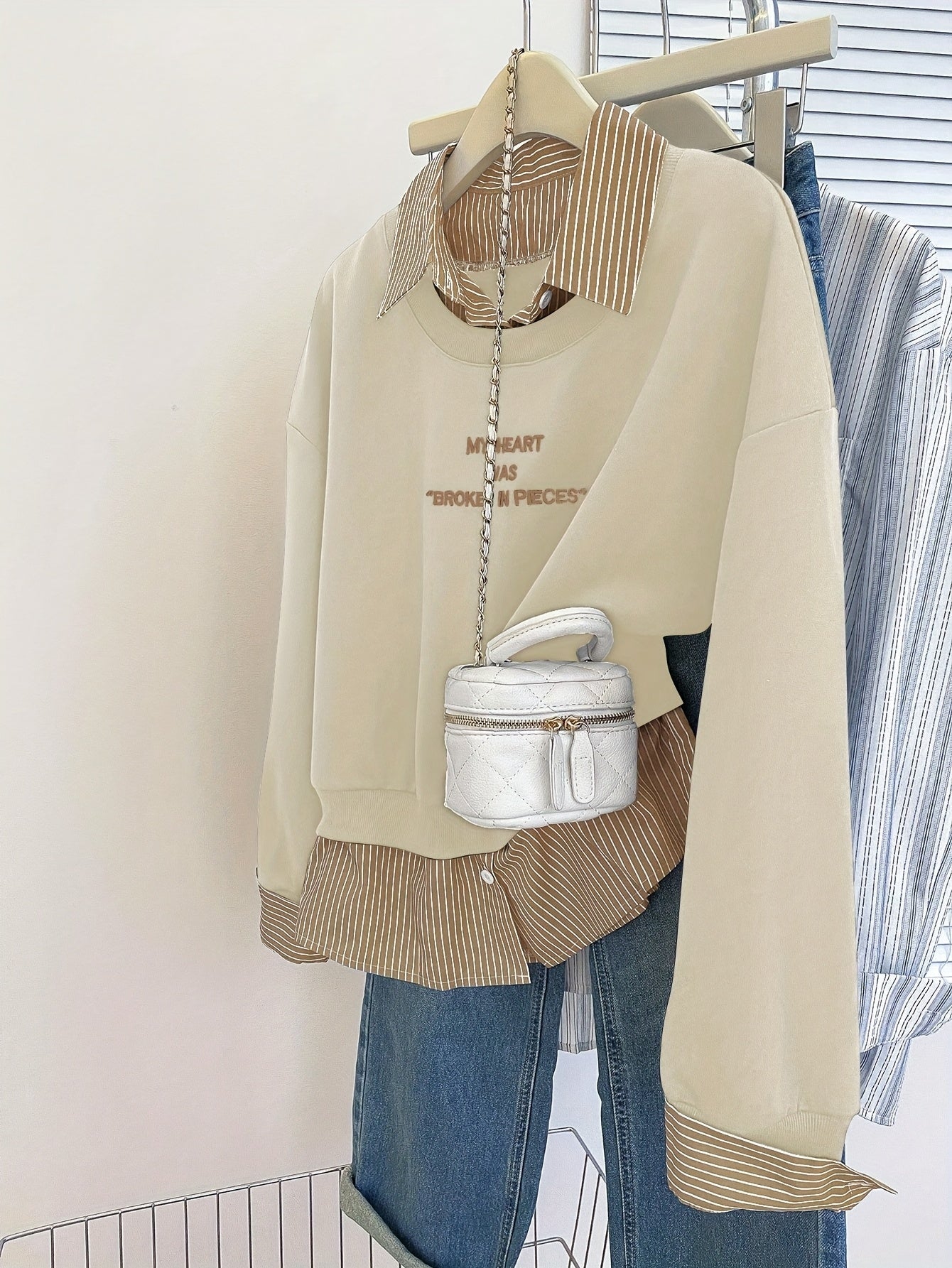 Damen Layering-Sweatshirt mit Hemdeinsatz, Baumwollmischung, Langarm