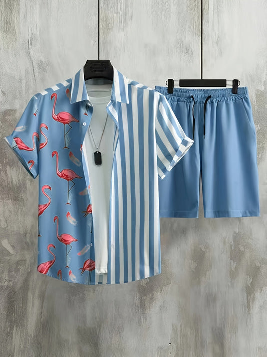 Men's Summer Set Short-Sleeve Shirt and Shorts with Flamingo Print, Casual Outfit for Vacation and Beach