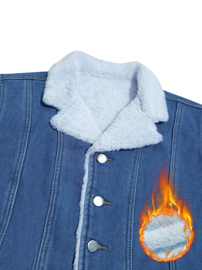 Women's cropped denim jacket with teddy lining, blue denim