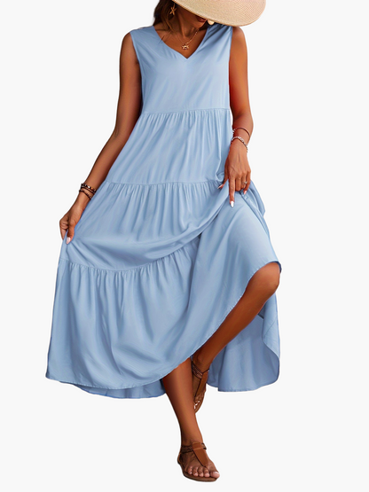 Women's Summer Maxi Dress Elegant with Tiered Skirt and V-Neck – Perfect for Leisure & Vacation