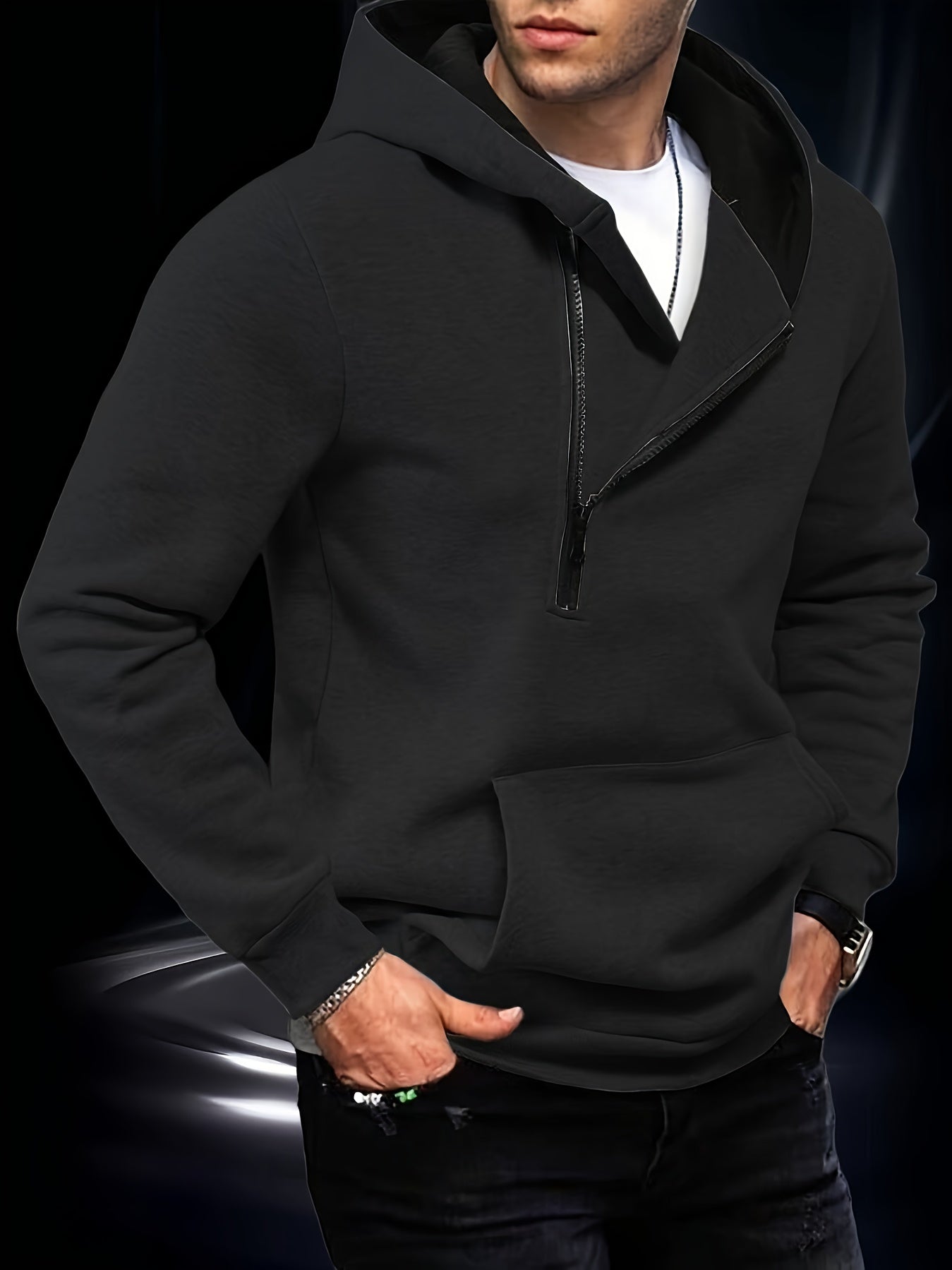 Herren Hoodie mit Reißverschluss und Bauchtasche, Weiß