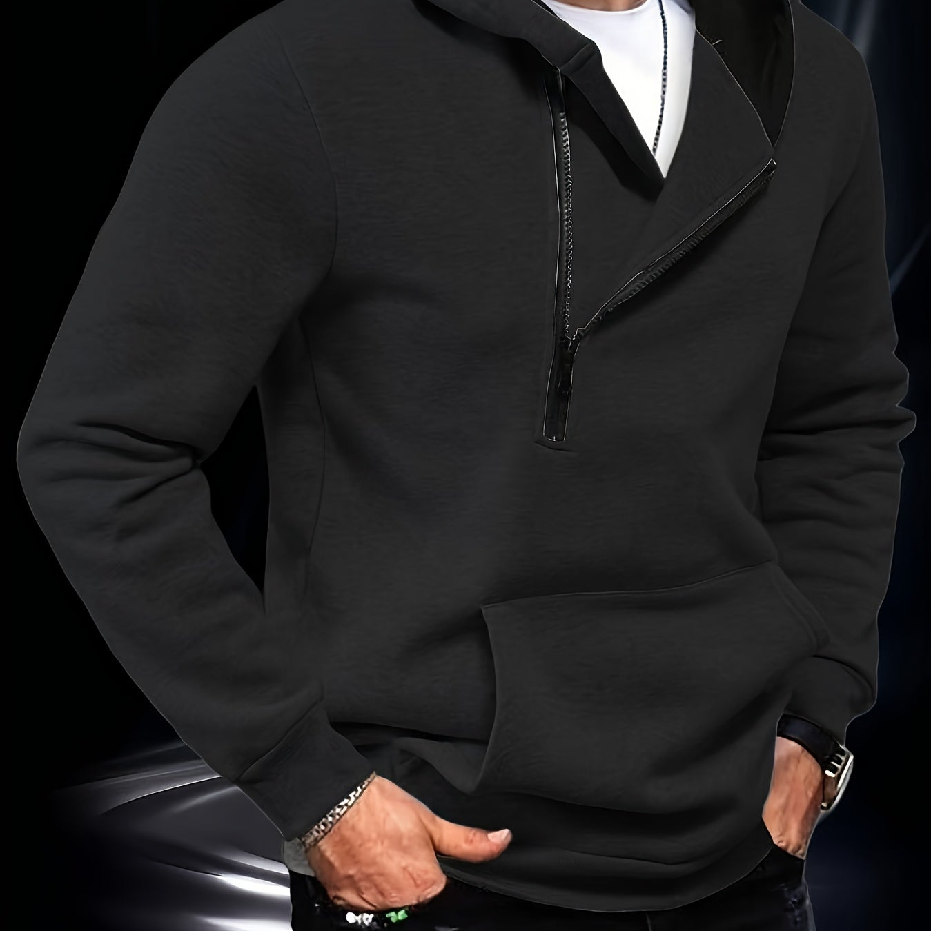 Herren Hoodie mit Reißverschluss und Bauchtasche, Weiß