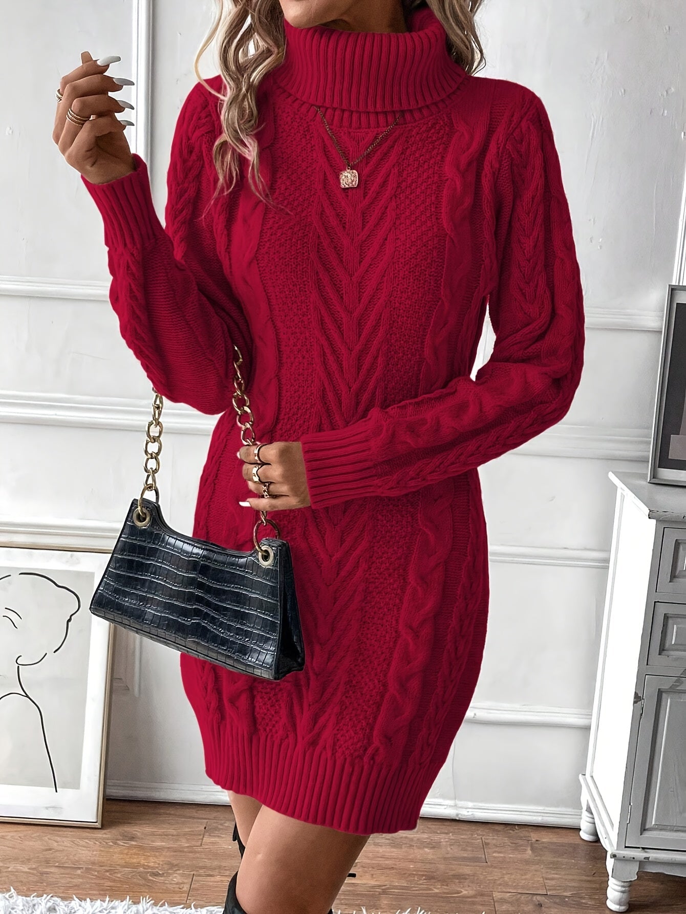 Strickkleid Damen Rollkragen Zopfmuster Langarm