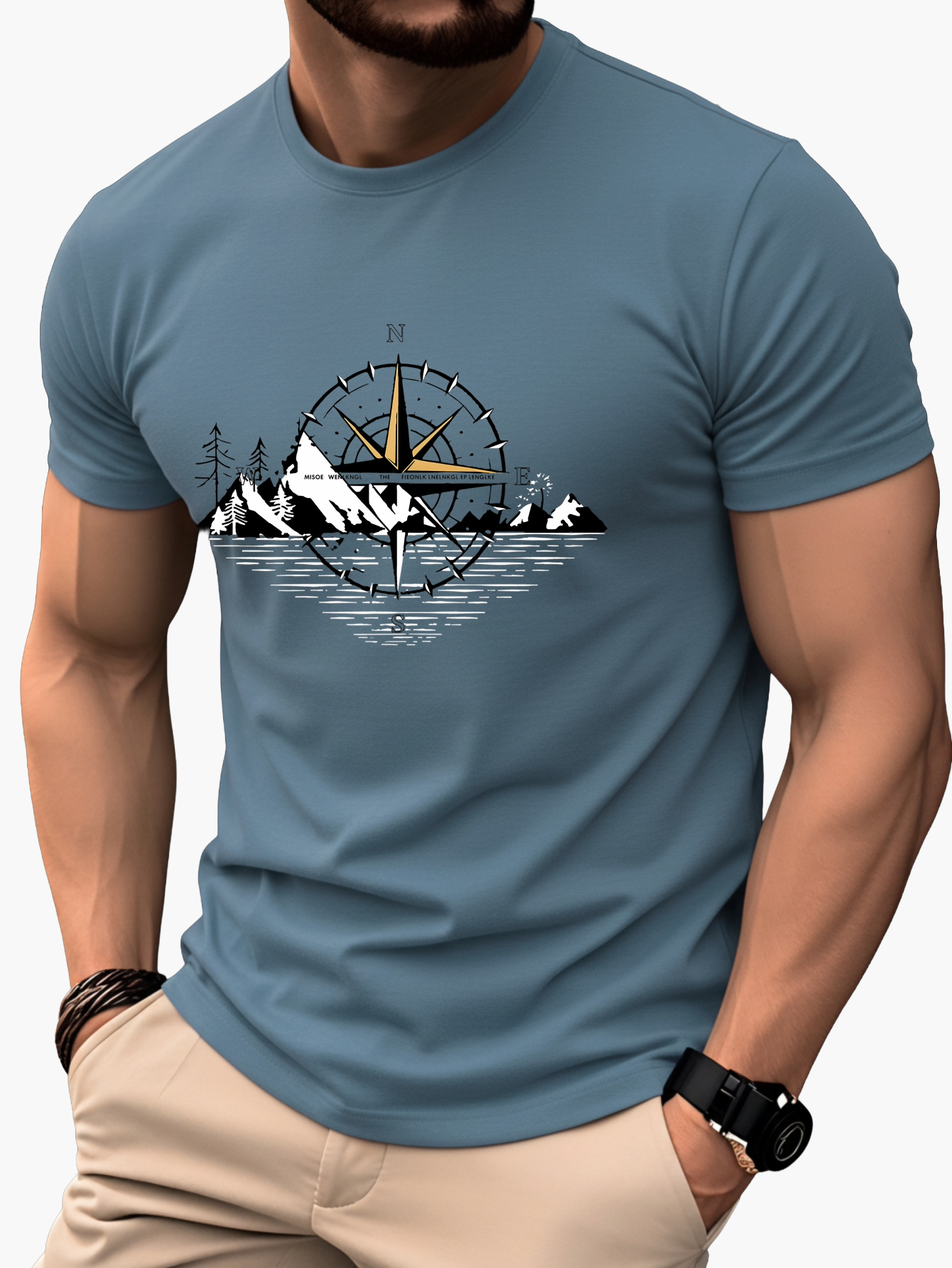 Men's T-Shirt with Compass and Mountain Design – Outdoor Adventure & Casual Look