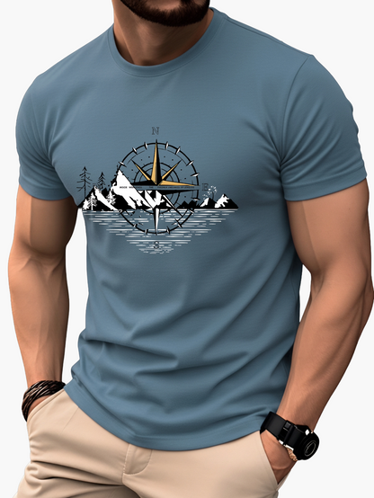 Men's T-Shirt with Compass and Mountain Design – Outdoor Adventure & Casual Look