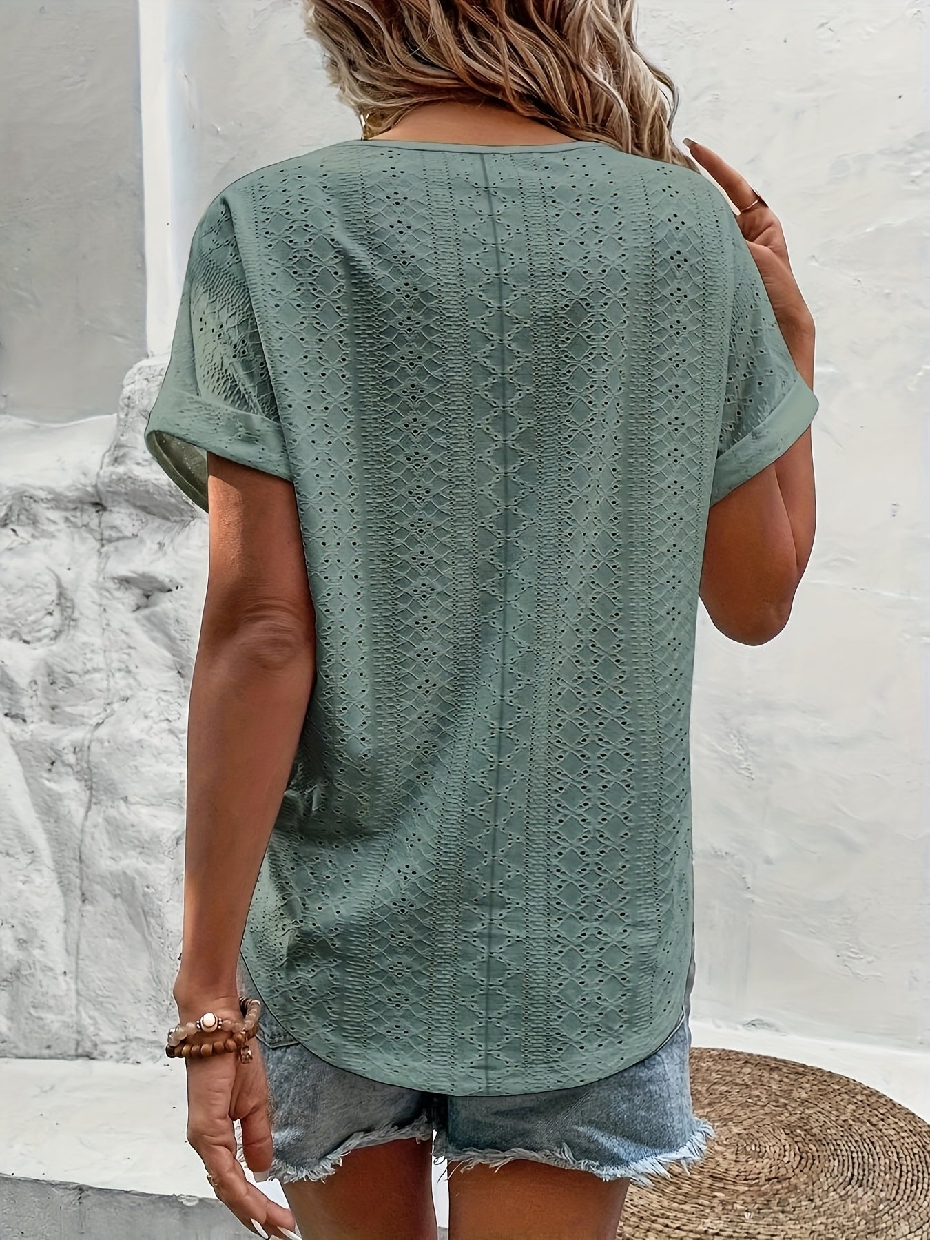Women's Elegant V-Neck Blouse with Eyelet Pattern for Everyday and Leisure