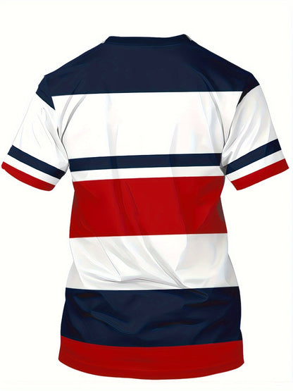 Men's Casual T-Shirt with Block Stripes and University Logo – Perfect for Everyday and Leisure