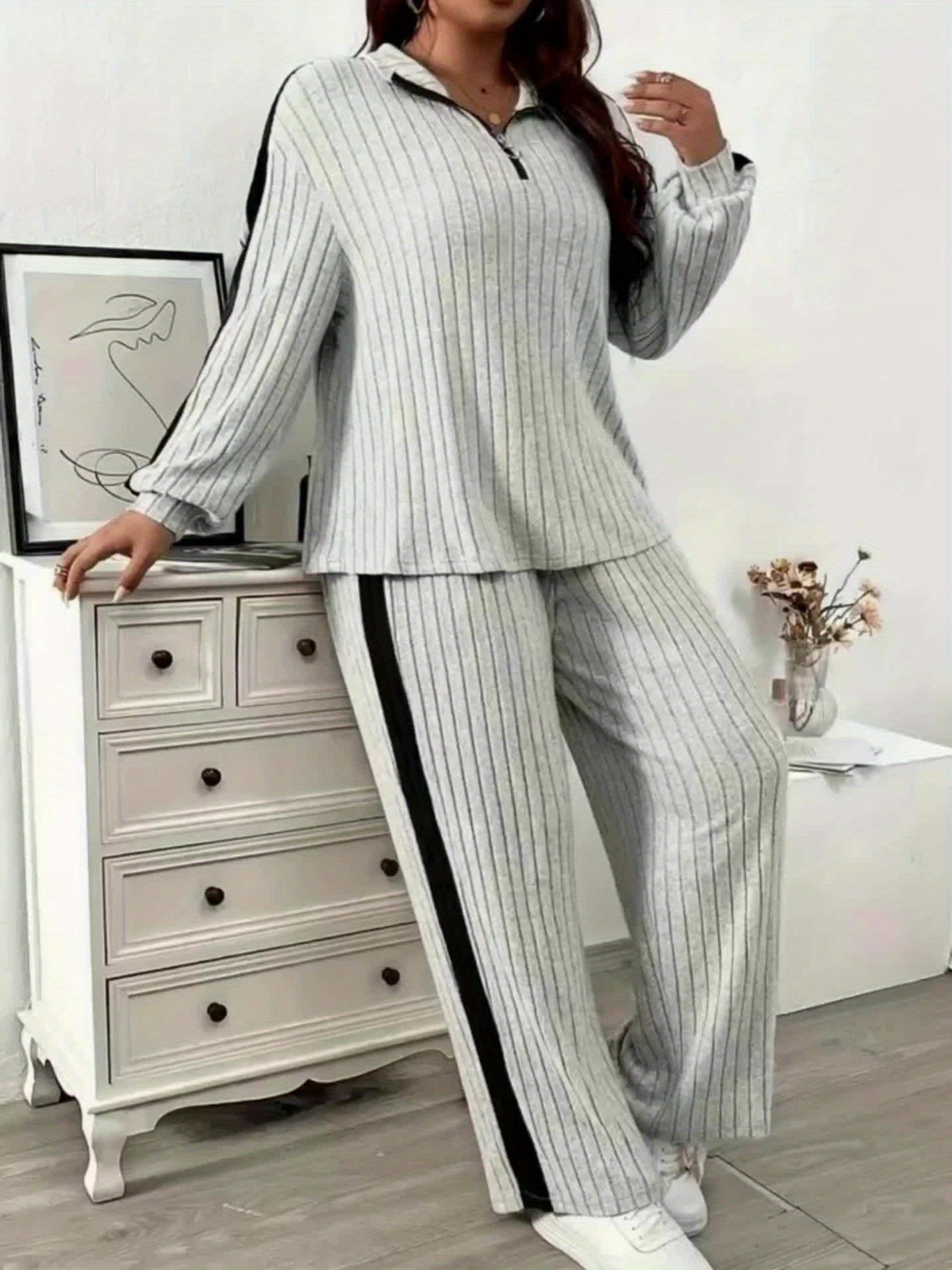 Ribbed women’s lounge set, two-piece sweater with zipper and wide-leg pants