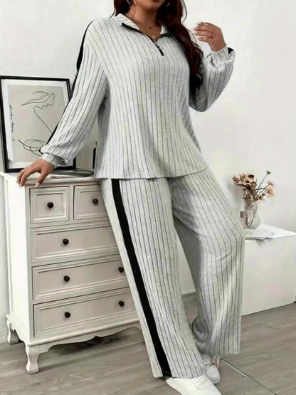Ribbed women’s lounge set, two-piece sweater with zipper and wide-leg pants