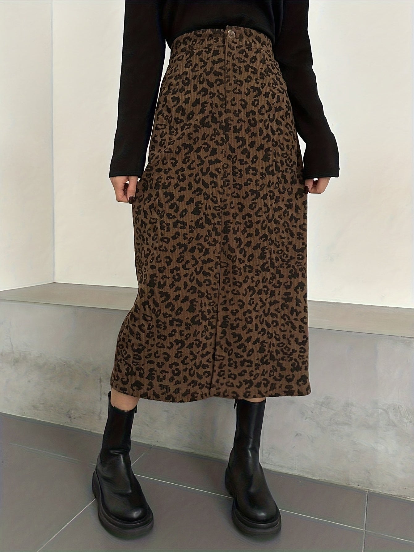 Damen Maxi Rock Leopard Print Rippstrick Schlitz