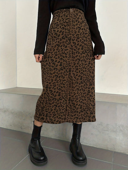 Damen Maxi Rock Leopard Print Rippstrick Schlitz