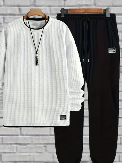 Men's two-piece set: quilted crew-neck pullover & jogging pants in white and black