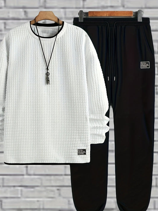 Men's two-piece set: quilted crew-neck pullover & jogging pants in white and black