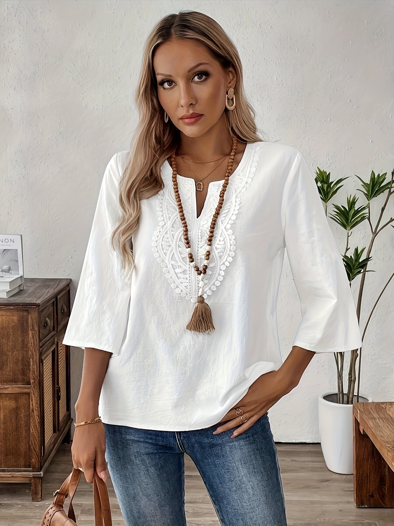 Women's Boho-Style Blouse with Embroidery and 3/4 Sleeves – Perfect for Casual and Everyday Wear