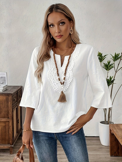 Women's Boho-Style Blouse with Embroidery and 3/4 Sleeves – Perfect for Casual and Everyday Wear