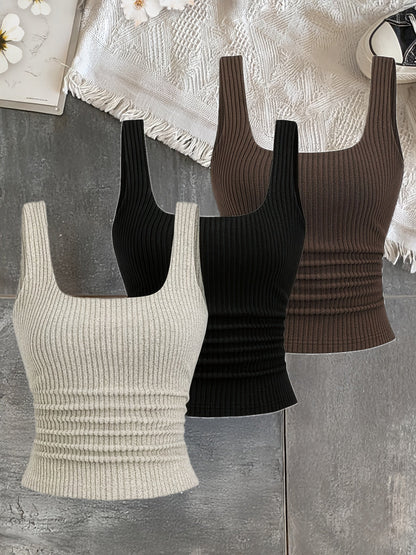 Women's ribbed knit tank top with wide straps and square neck – fashionable basic look for everyday and leisure