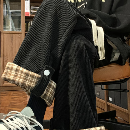 Corduroy trousers with a checked cuff – Wide fit, unisex