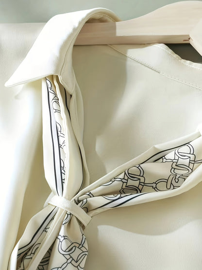 Women's blouse with short sleeves and decorative neck scarf – Elegant business and casual style