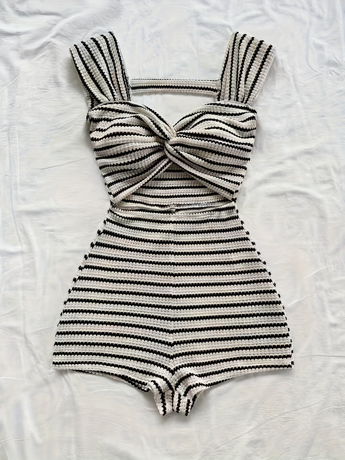 Women's One-Piece Knit Jumpsuit with Stripes and Twist Front – Fashionable Summer Jumpsuit