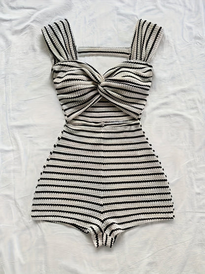 Women's One-Piece Knit Jumpsuit with Stripes and Twist Front – Fashionable Summer Jumpsuit