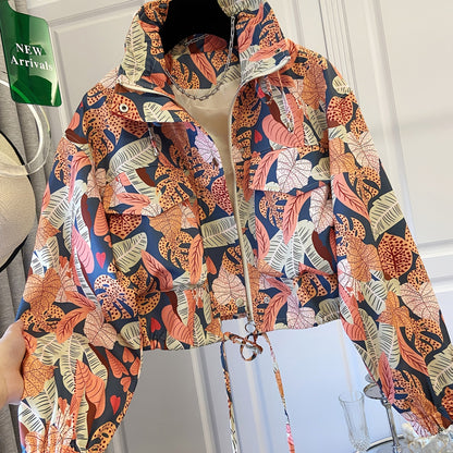 Women’s short jacket with stand-up collar and patterned print