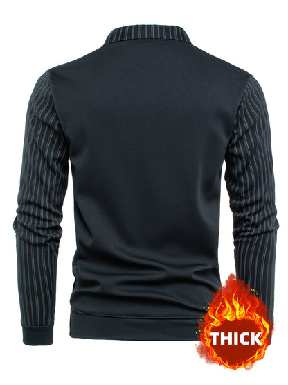 Men's long-sleeve shirt with a V-neck, sweater-style look, and striped sleeves