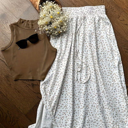 Damen Zweiteiliges Set – Ärmelloses Oberteil mit Stehkragen und Blumenrock – Modischer Freizeit-Look