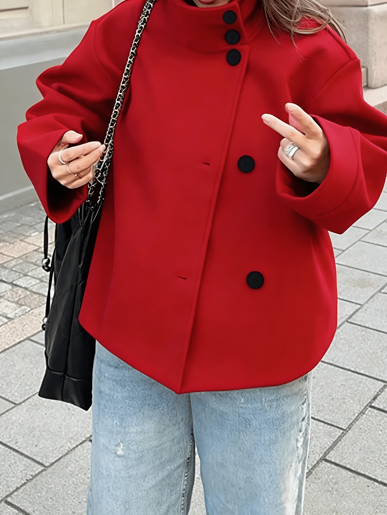 Women's short jacket with stand-up collar, button placket, relaxed fit