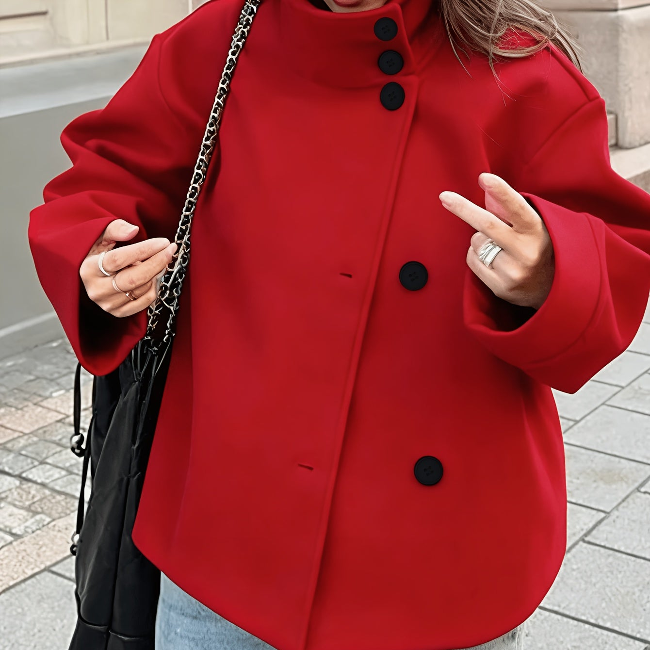 Women's short jacket with stand-up collar, button placket, relaxed fit