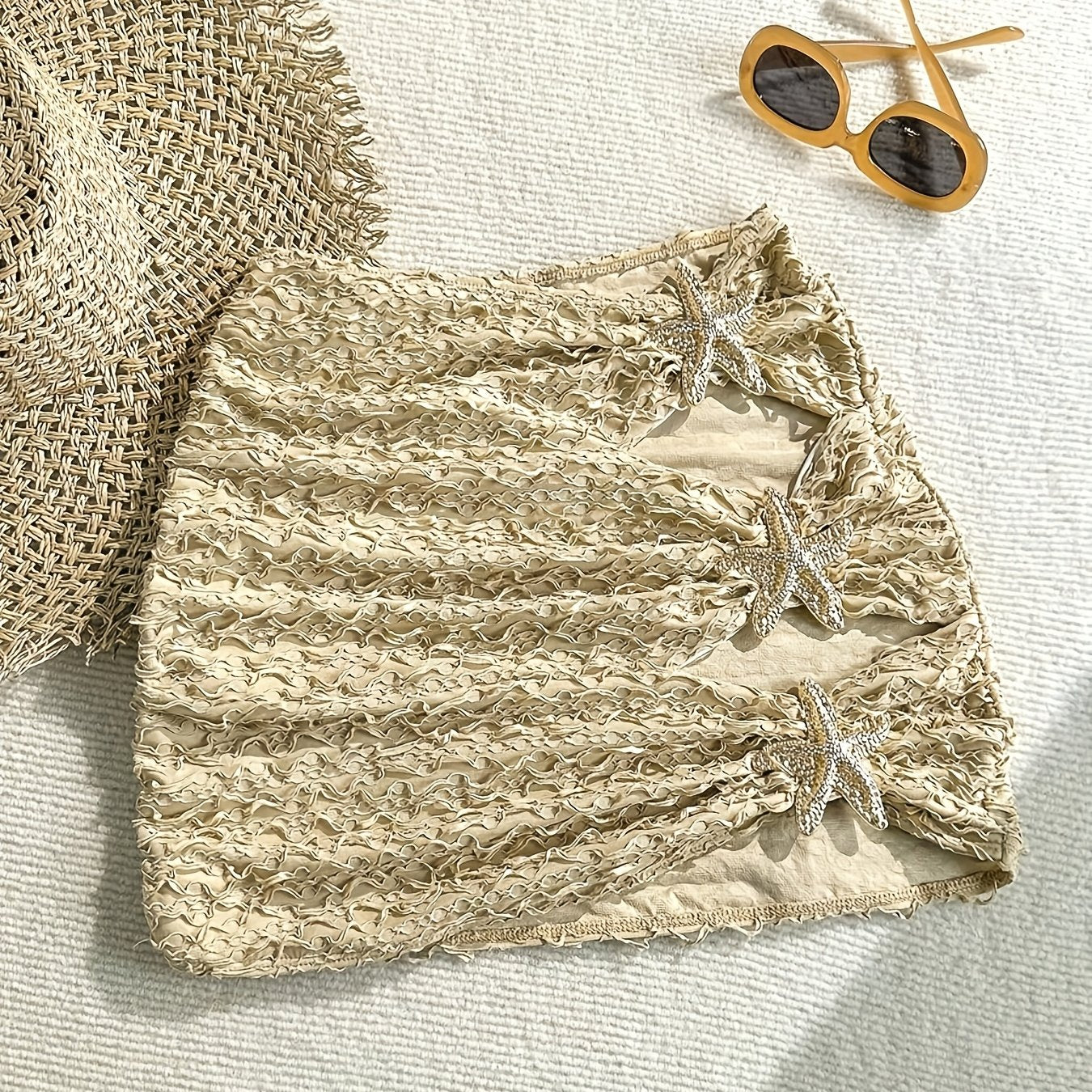 Women's Mini Beach Skirt with Starfish Decoration and Cut-Outs – Summer Beachwear Boho Style