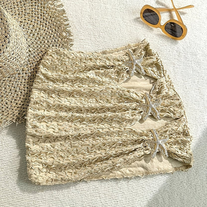 Women's Mini Beach Skirt with Starfish Decoration and Cut-Outs – Summer Beachwear Boho Style