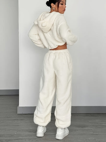 Damen Kuscheliger Loungewear Schlafanzug mit Kapuze und Ohren Plüsch Zweiteiler
