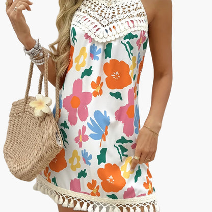Women's Summer Beach Dress in Boho Style with Crochet Details and Paisley Pattern – Elegant Casual Tunic Dress for Vacation and Everyday Wear