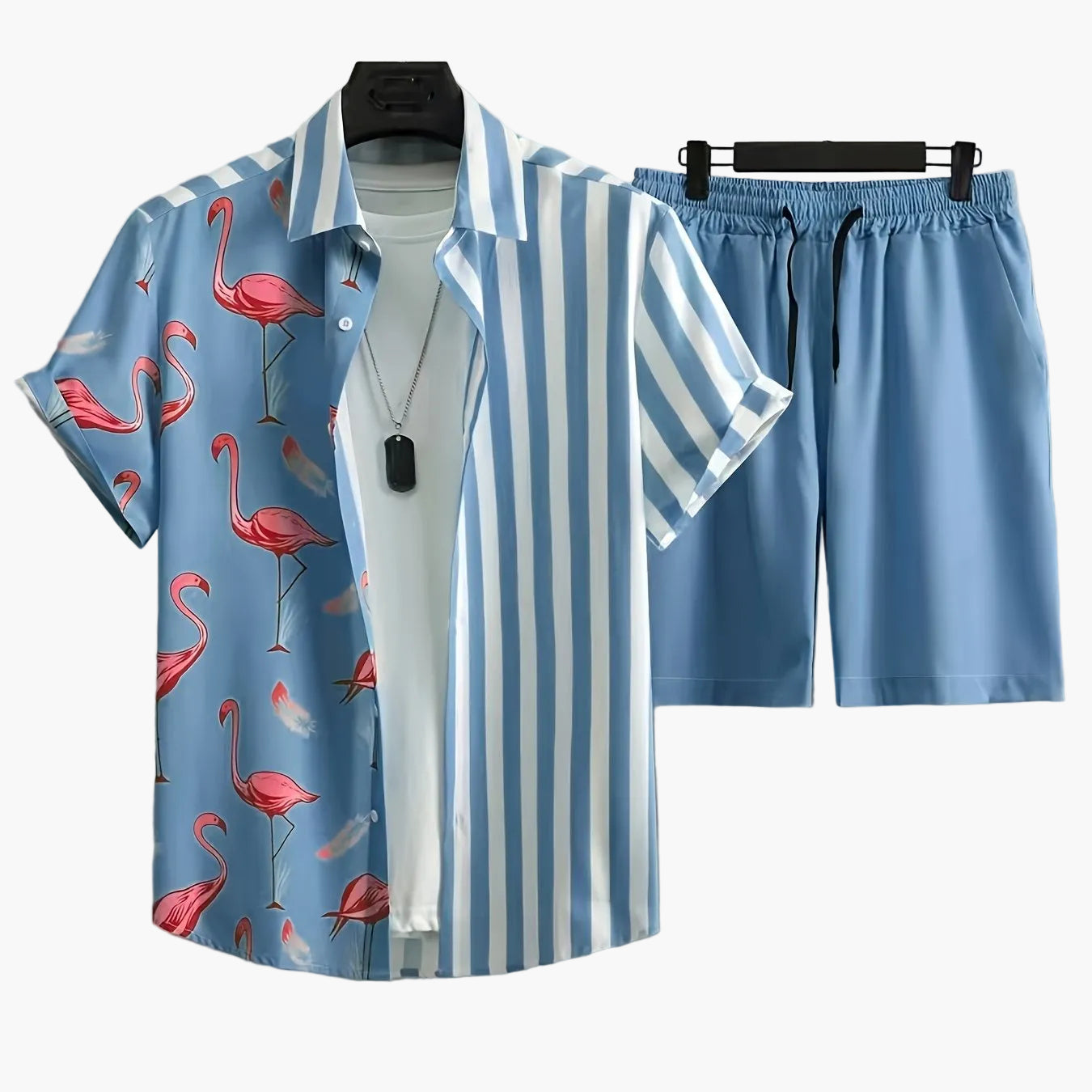 Herren Sommer Set Kurzarm Hemd und Shorts mit Flamingo-Print, Freizeit Outfit für Urlaub und Strand