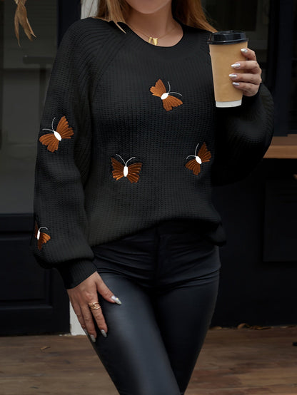 Women's knitted sweater with butterfly embroidery, crew neck, long sleeves