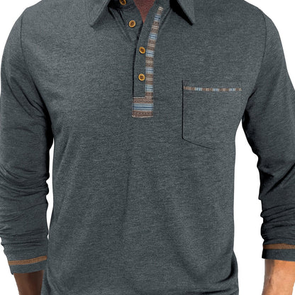 Men's long-sleeved polo shirt with chest pocket and patterned details