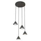 Zwarte hanglamp met ronde plafondplaat en vier kegelvormige kappen op verschillende hoogtes